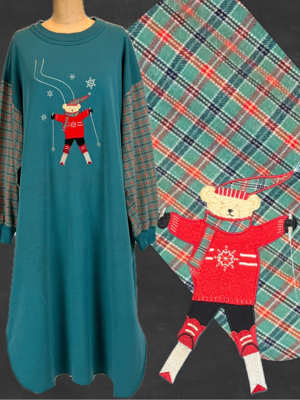 VINTAGE 90s ski teddy bear cozy sweatshirt nightgown long sleeve maxi plaid teal